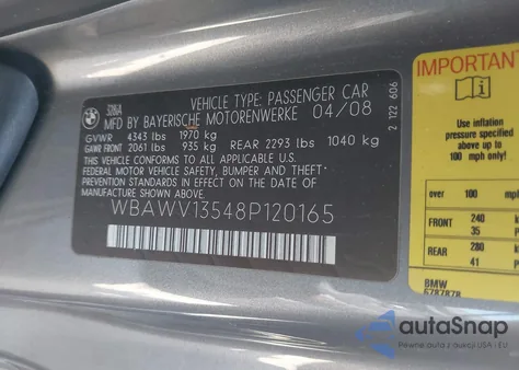 2008 BMW 328I z USA, uszkodzony, nr VIN WBAWV13548P120165